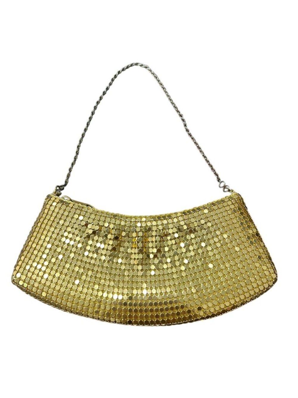 La Regale Gold Mesh Evening Bag Chain Strap Zip Satin Lining Vintage Celestial